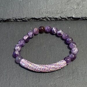 Purple Amethyst Stretch Beaded Bracelet with Crystal Accents SZ 6-1/2